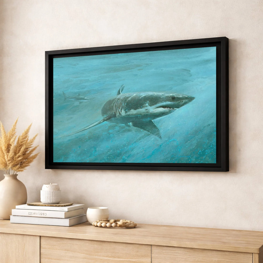 Great White Shark Canvas Art | Underwater Ocean Wildlife Painting | Premium Gallery Wrap Print | Coastal Home Office Wall Decor Gift