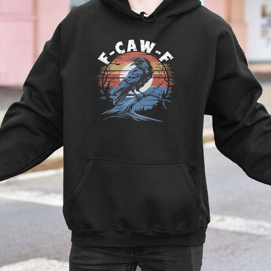 Crow Hoodie F-Caw-F Funny Bird Graphic | Vintage Sunset Illustration | Cotton-Poly Blend Soft Pullover | Humorous Nature Lover Gift For Him Her
