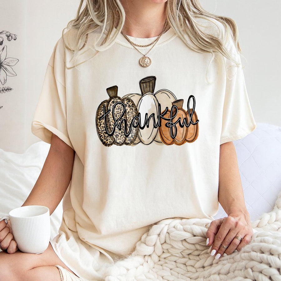 Thankful Pumpkin T-Shirt | Leopard Print Fall Aesthetic | Premium 100% Cotton | Thanksgiving Gift for Women & Girls