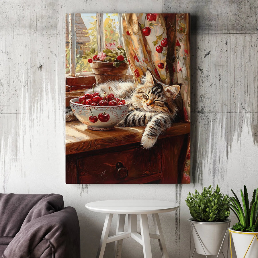 Sleeping Cat Canvas Wall Art | Cozy Kitchen Windowsill Scene With Cherries | Premium Gallery Wrap Print | Whimsical Home Decor Gift For Cat Lovers