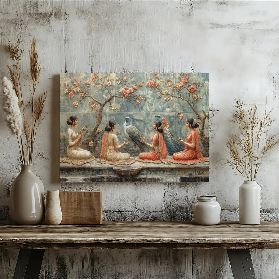 Traditional Indian Art Canvas Print | 3D Relief Style Mughal Garden Scene | Premium Gallery Wrapped Canvas | Cultural Home Decor Gift