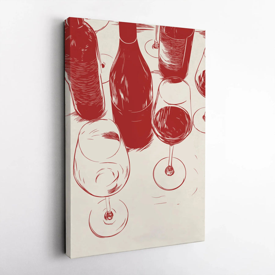 Wine Wall Art Canvas | Minimalist Red Sketch Illustration | Gallery-Quality 1.25-Inch Profile | Home Decor Gift for Wine Lovers