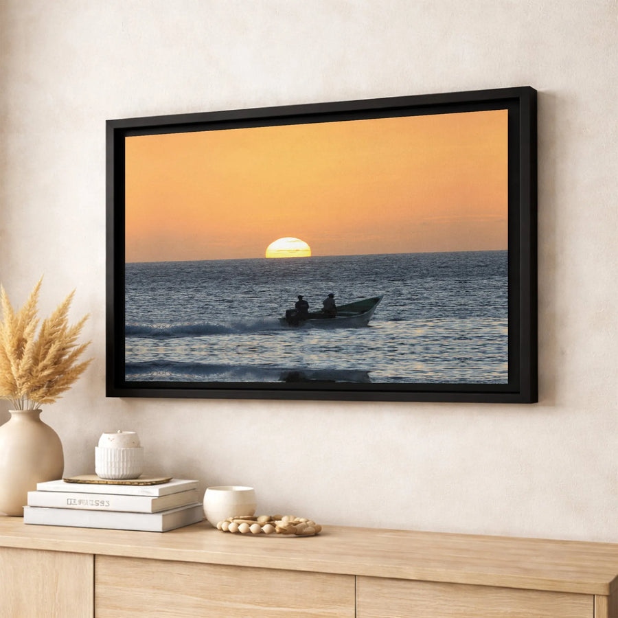 Fishermen at Sunset Canvas Print | Golden Hour Ocean Boat Wall Art | Premium Gallery Wrapped Canvas | Coastal Home Decor Gift