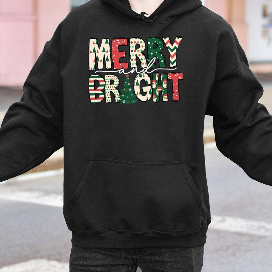 Merry and Bright Hoodie | Christmas Pattern Graphic Sweatshirt | Premium Cotton-Poly Blend | Cozy Holiday Gift for Women and Men