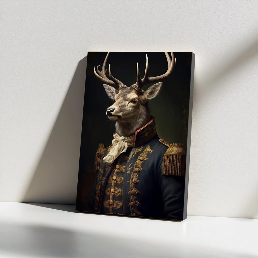 Regal Deer General Canvas Print | Anthropomorphic Royal Military Portrait | Premium Gallery Wrap Wall Art | Unique Home Office Decor Gift