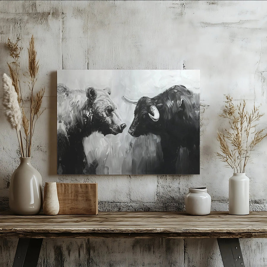 Bull vs Bear Stock Market Canvas Art | Black and White Wall Decor | Premium Gallery Wrap Print | Financial Office Trading Wall Art