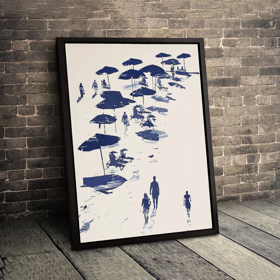 Beach Wall Art | Minimalist Blue Ocean People & Umbrella Sketch | Gallery-Quality 1.25" Canvas Print | Coastal Home Decor Gift