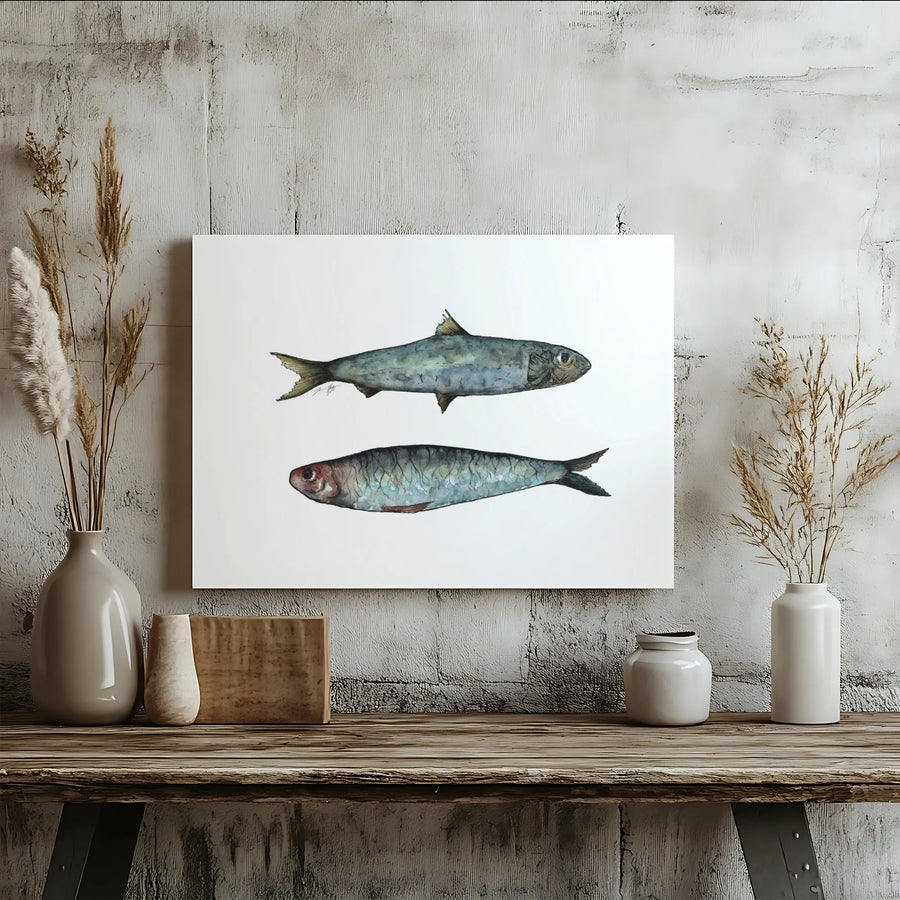 Two Sardines Canvas Print | Minimalist Watercolor Coastal Wall Art | Gallery Quality 1.25" Profile | Ocean Themed Home Decor Gift