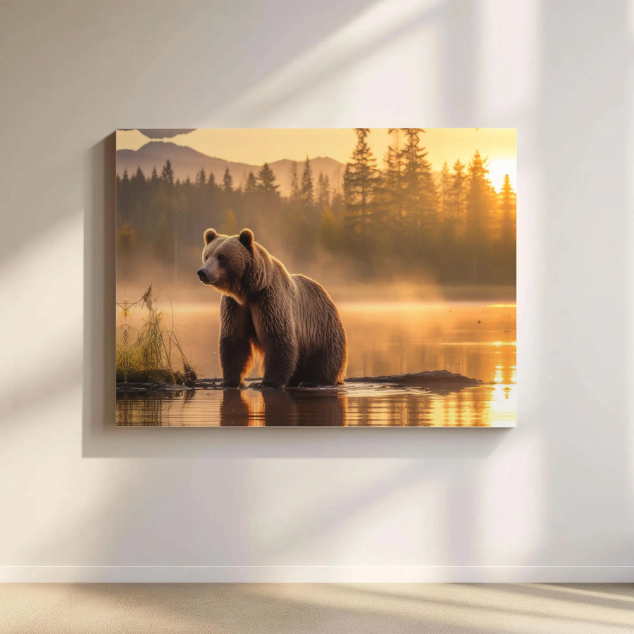 Grizzly Bear Canvas Wall Art | Misty Mountain Lake Scene at Sunrise | Premium Fade-Resistant Print | Rustic Cabin Decor Gift for Nature Lovers