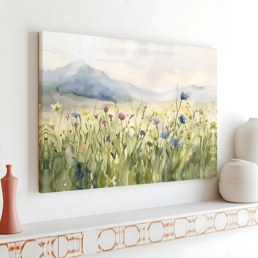 Watercolor Wildflower Canvas Art | Mountain Meadow Landscape Print | Premium Gallery Wrap Canvas | Modern Farmhouse Decor Gift