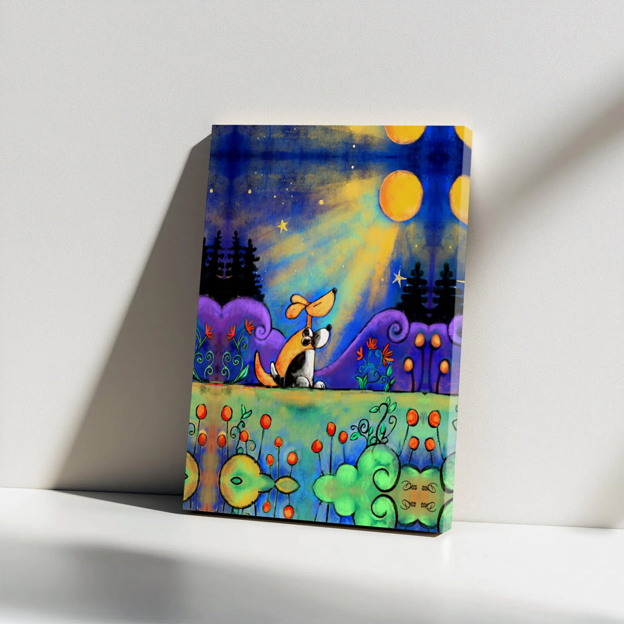 Dog Lovers Canvas Wall Art | Whimsical Night Sky Cartoon Illustration | Premium 1.25-Inch Gallery Wrap | Cute Gift for Pet Owners