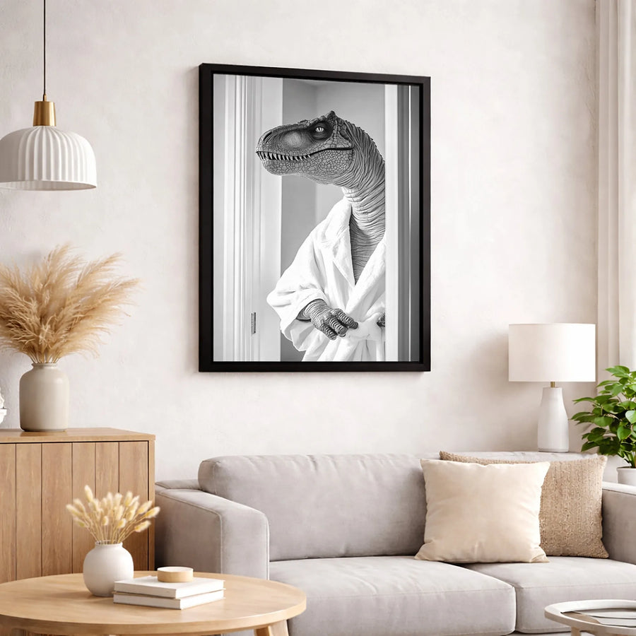 T-Rex Bathroom Wall Art | Funny Dinosaur In Bathrobe Print | Premium Gallery Wrap Canvas | Unique Home Decor Gift For Kids And Adults