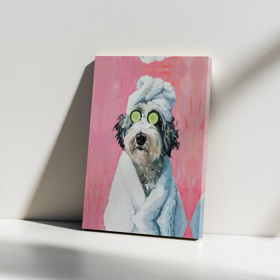 Funny Dog Spa Day Canvas | Dog in Robe with Cucumber Eyes Art | Premium Gallery Wrapped Canvas | Humorous Bathroom Decor Gift for Dog Mom