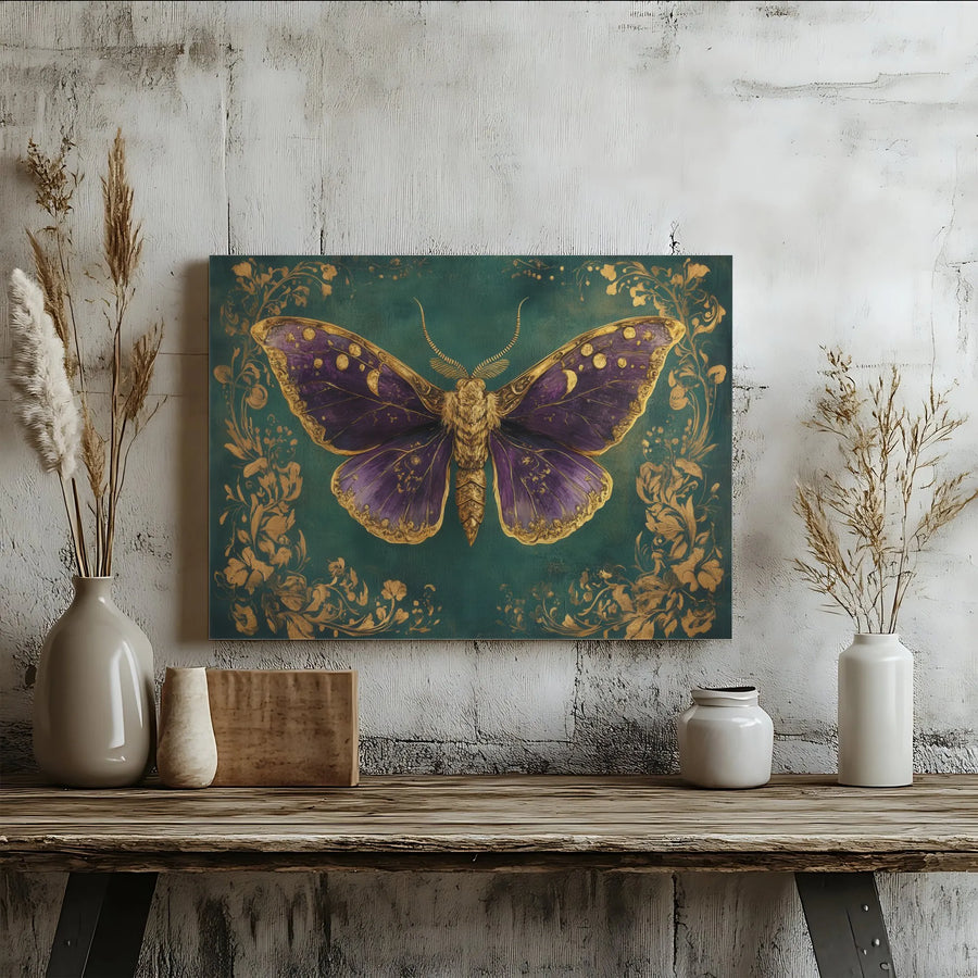 Celestial Moth Canvas Wall Art | Purple and Gold Lunar Moth Print | Premium Thick Gallery Wrap Canvas | Gothic Cottagecore Home Decor Gift