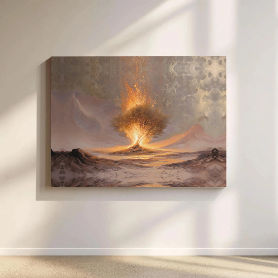 Burning Bush Canvas Wall Art | Surreal Biblical Landscape Painting | Premium Gallery Wrap Print | Religious Home Decor for Living Room