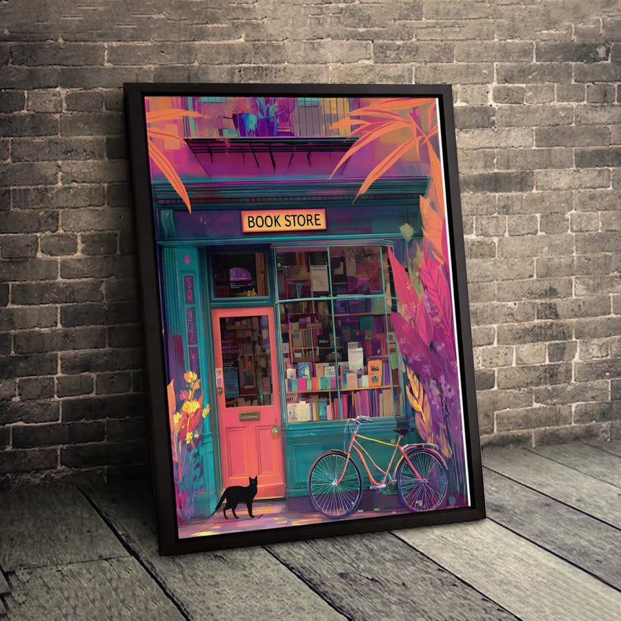 Bookstore Canvas Wall Art | Vibrant Library Night Scene With Black Cat | 1.25" Premium Gallery Wrapped Print | Book Lover Home Decor Gift