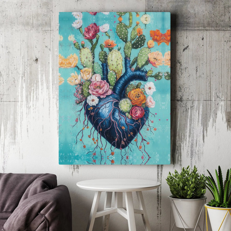 Anatomical Heart Canvas Wall Art | Blooming Cactus Floral Illustration | Premium Gallery Wrap Print | Modern Botanical Home Decor Gift