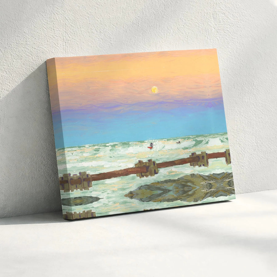 Coastal Surfer Canvas Print | Impressionist Sunset Beach Painting | Premium Gallery Wrapped Art | Modern Beach House Decor Gift