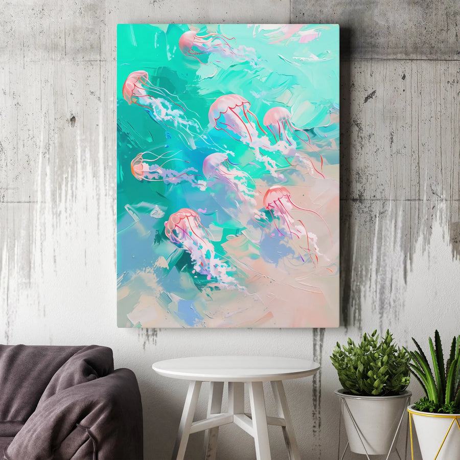 Jellyfish Canvas Wall Art | Abstract Ocean Painting Print | Premium Gallery Wrapped Canvas | Coastal Home Decor Gift for Beach House