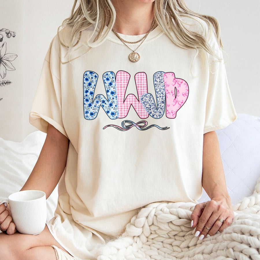 WWJD T-Shirt | Floral Checkered Coquette Bow Aesthetic | 100% Cotton Premium Comfort | Christian Faith Gift for Women