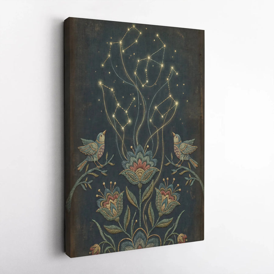 Celestial Constellations Wall Art | Folk Art Botanical Birds Canvas | Premium Gallery-Wrapped Print | Whimsical Nature Home Decor Gift