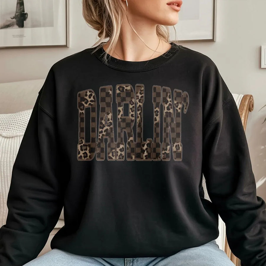 Darlin' Western Sweatshirt | Leopard & Checkered Graphic Sweatshirt | Premium Cotton-Blend | Southern Cowgirl Gift for Country Music Fans