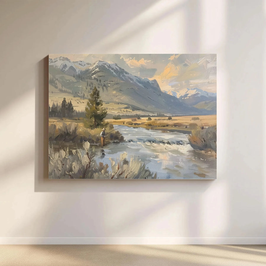 Fly Fishing Mountain Landscape Canvas | Impressionist River Art | 1.25" Gallery Wrap Premium Decor | Nature Lover Cabin Wall Art Gift