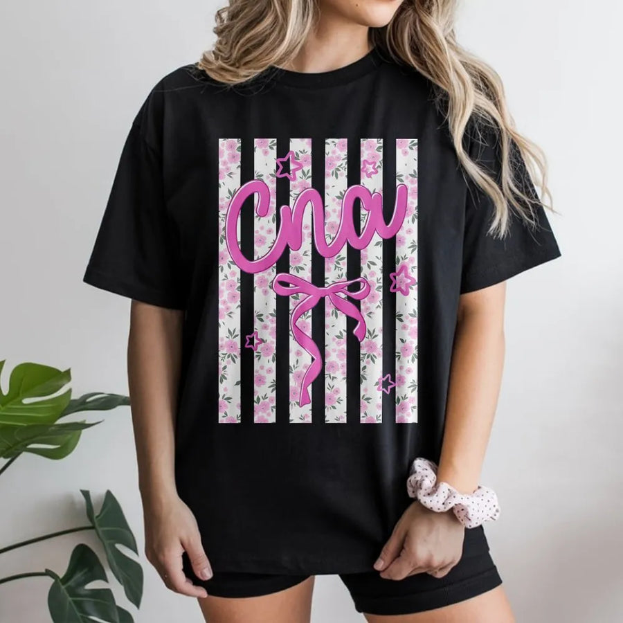 CNA T-Shirt for Nurses | Preppy Coquette Floral Stripe Design | Soft Comfort Colors Cotton | Nursing Student & RN Appreciation Gift