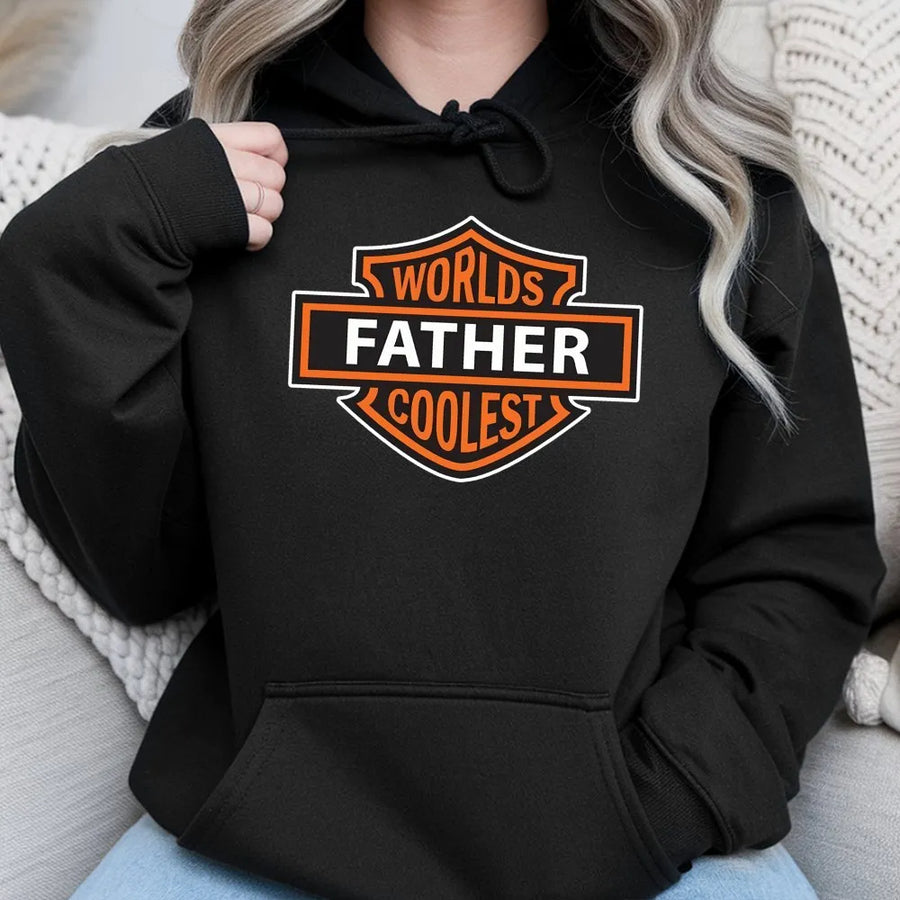 Worlds Coolest Father Hoodie | Biker Shield Graphic Print | Premium Soft Cotton Blend | Funny Dad Gift for Motorcycle Riders