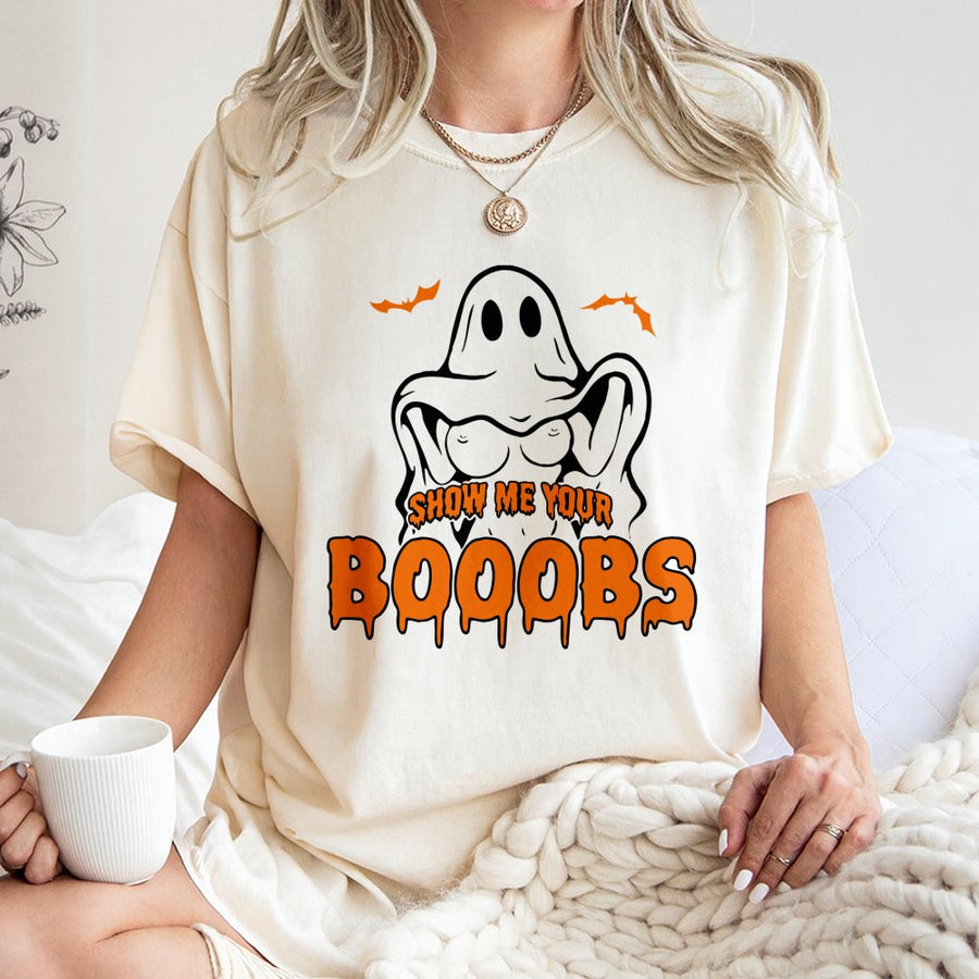 Funny Halloween Ghost T-Shirt | Show Me Your Booobs Graphic Tee | Premium Cotton Unisex Shirt | Witty Spooky Party Gift for Adults
