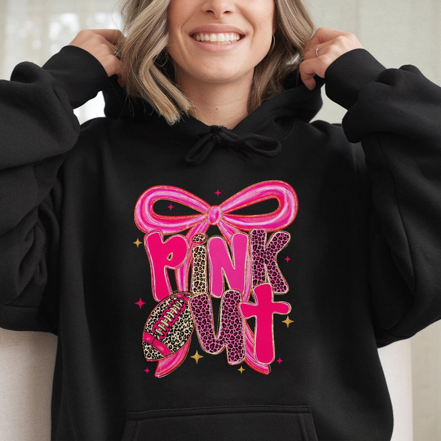 Pink Out Football Hoodie | Coquette Bow and Leopard Print Design | Premium Cotton Blend | Breast Cancer Awareness Game Day Gift for Women