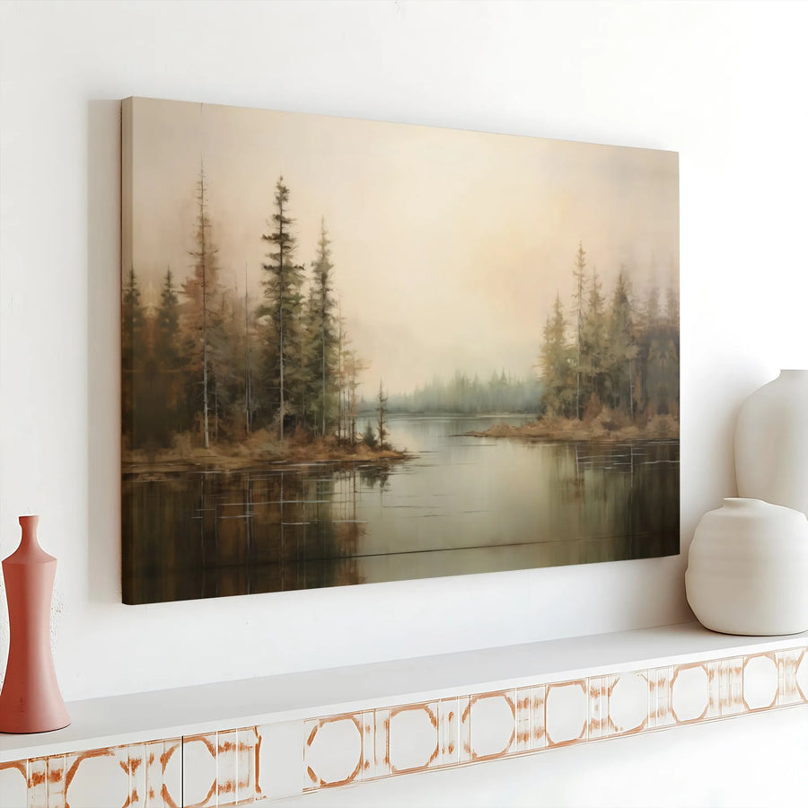 Misty Forest Lake Canvas Art | Serene Pine Tree Landscape Reflection | Premium Gallery Wrapped Decor | Modern Nature Wall Print for Living Room
