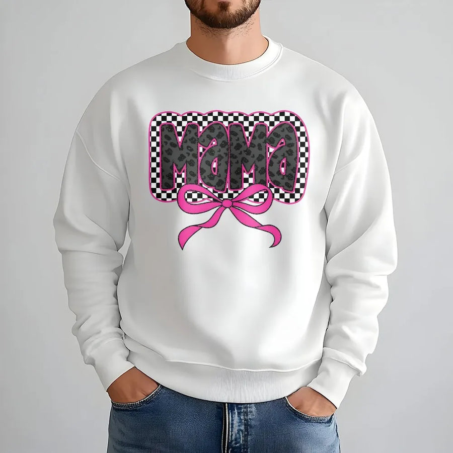 Coquette Mama Sweatshirt | Leopard Checkered Pink Bow Graphic | Premium Crewneck Pullover | Trendy Gift for New Mom