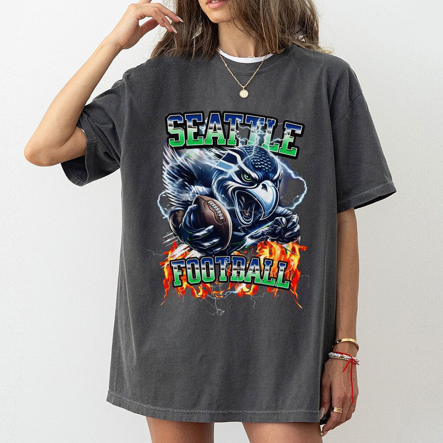 Seattle Football With Seahawks Mascot And Flames T-Shirt