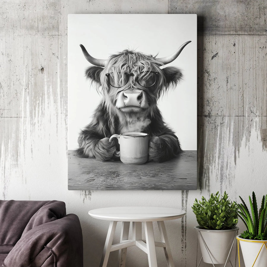 Highland Cow Wall Art | Black and White Coffee Lover Print | Gallery Quality 1.25" Thick Canvas | Farmhouse Decor for Coffee Station