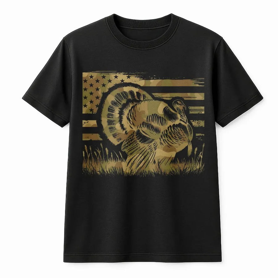 Turkey Hunting T-Shirt | American Flag Camo Graphic | Soft Cotton Blend | Patriotic Gift for Hunter