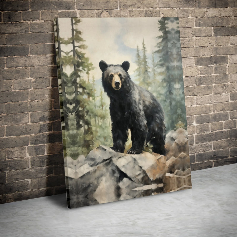 Black Bear Wall Art | Rustic Pine Forest Painting | Premium 1.25" Canvas | Wildlife Decor for Cabin or Home