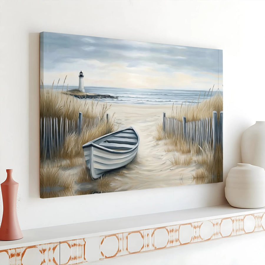 Coastal Lighthouse Canvas Wall Art | Serene Beach Boat Landscape | Premium Gallery Wrap 1.25” Frame | Nautical Decor for Living Room Gift