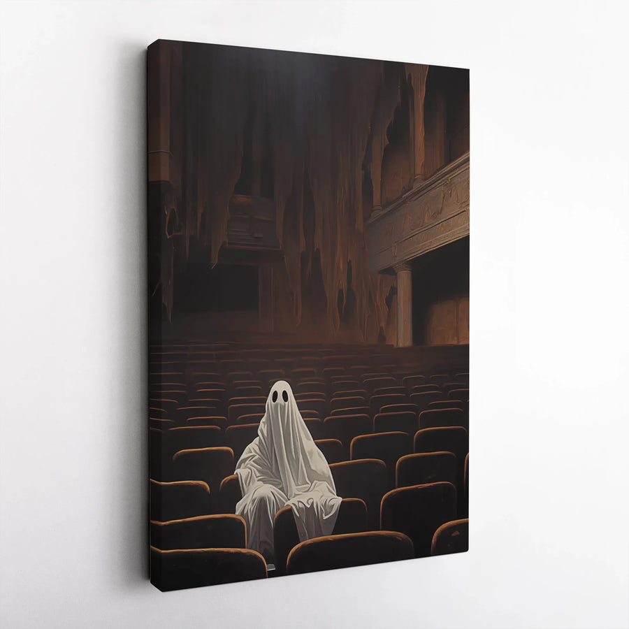 Ghost in Movie Theater Canvas Wall Art | Surreal Horror Movie Decor | Premium Gallery Wrap Print | Spooky Gothic Home Decor Gift for Film Lovers