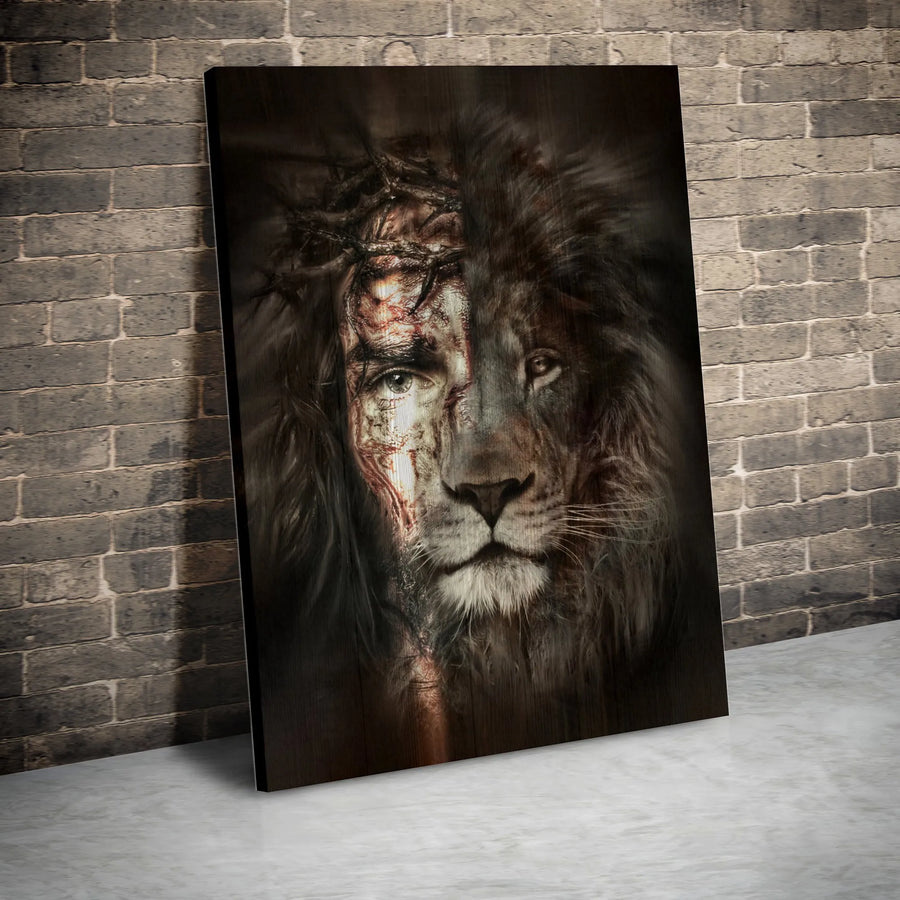 Jesus and Lion of Judah Canvas | Split Face Crown of Thorns Art | Premium Gallery Wrap Wall Decor | Religious Christian Gift for Home Office