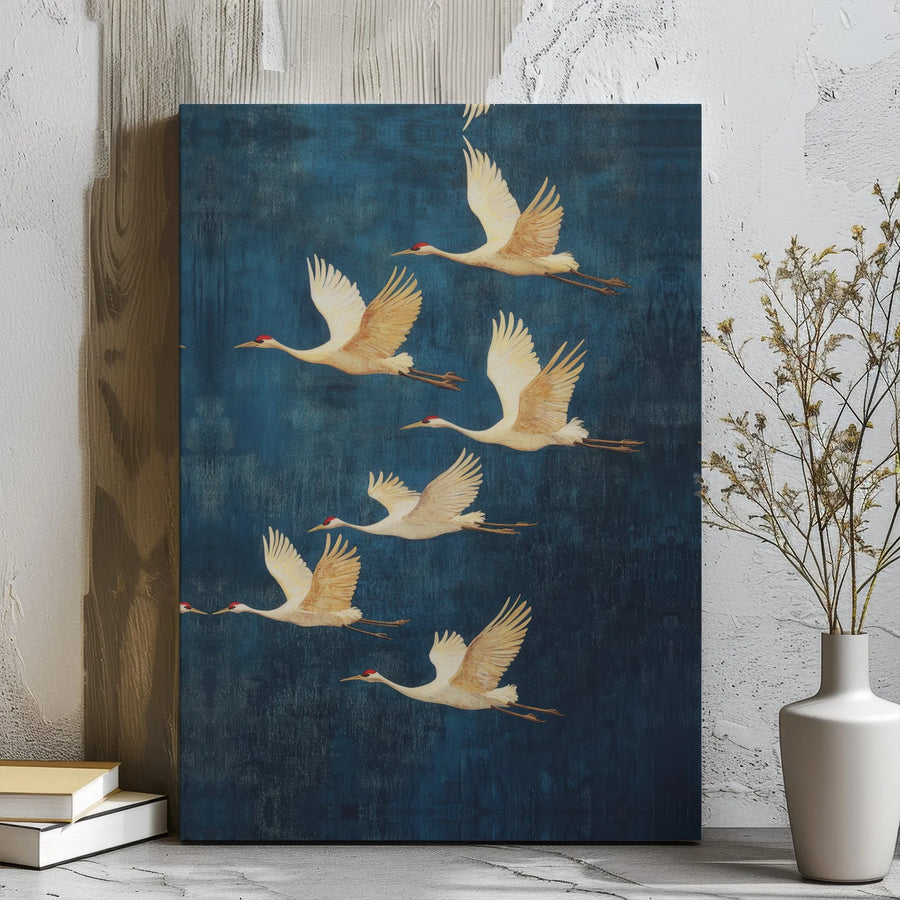 Japanese Red-Crowned Crane Wall Art | Flying Bird Nature Painting | Gallery Wrap Canvas Print | Zen Home Office Decor Gift