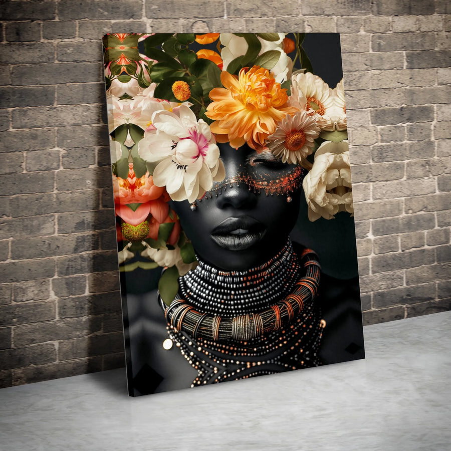 Black Woman Canvas Wall Art | Botanical Floral Portrait | Premium 1.25 Inch Gallery Wrap | Modern Afrocentric Home Decor