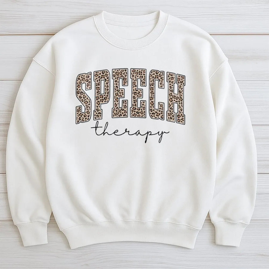 Speech Therapist Sweatshirt | Leopard Print Varsity Lettering | Cotton Blend Cozy Crewneck | SLP Graduation Gift for Language Pathologist