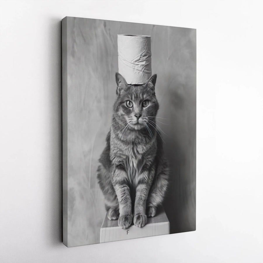 Funny Cat Canvas Wall Art | Tabby Cat With Toilet Paper Roll | Gallery Wrapped Premium Decor | Whimsical Pet Lover Gift