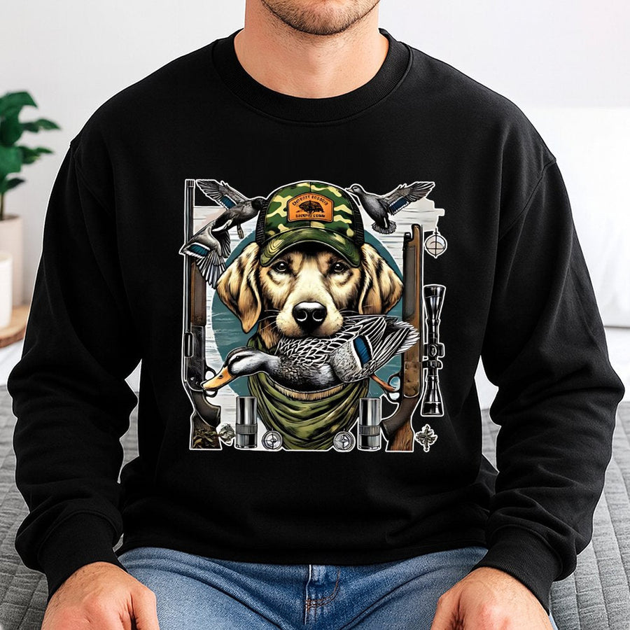 Duck Hunting Sweatshirt | Labrador Retriever Retriever Camo Hat Design | Cotton Blend Premium Crewneck | Gift for Hunters and Dog Lovers