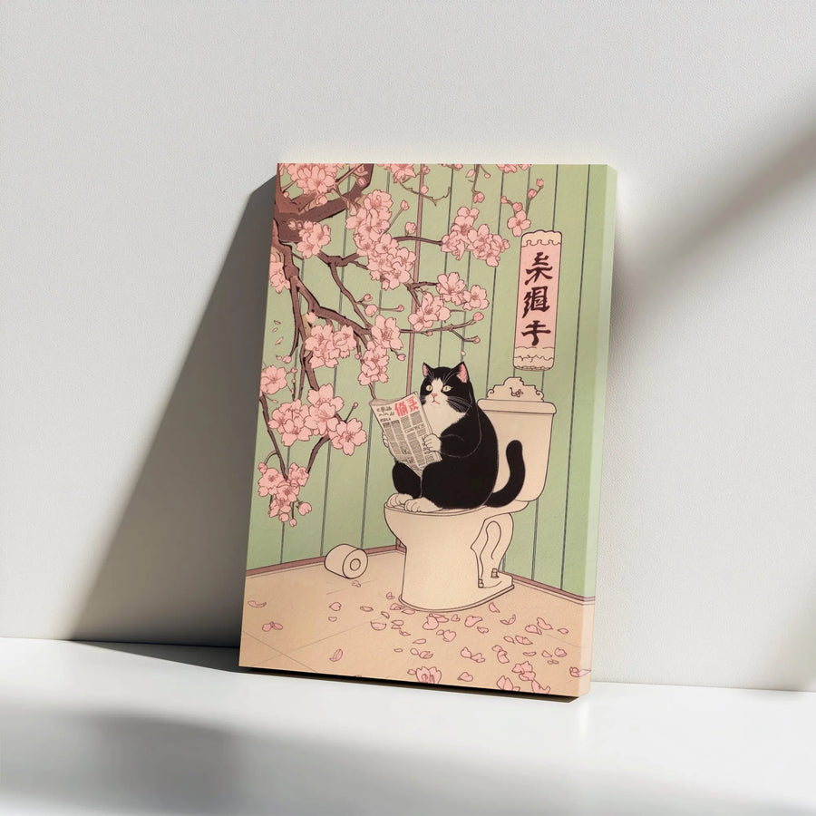 Japanese Ukiyo-E Cat Wall Art | Funny Toilet Bathroom Decor | Premium Gallery Wrap Canvas | Unique Gift for Cat Lovers & Home Office Decor