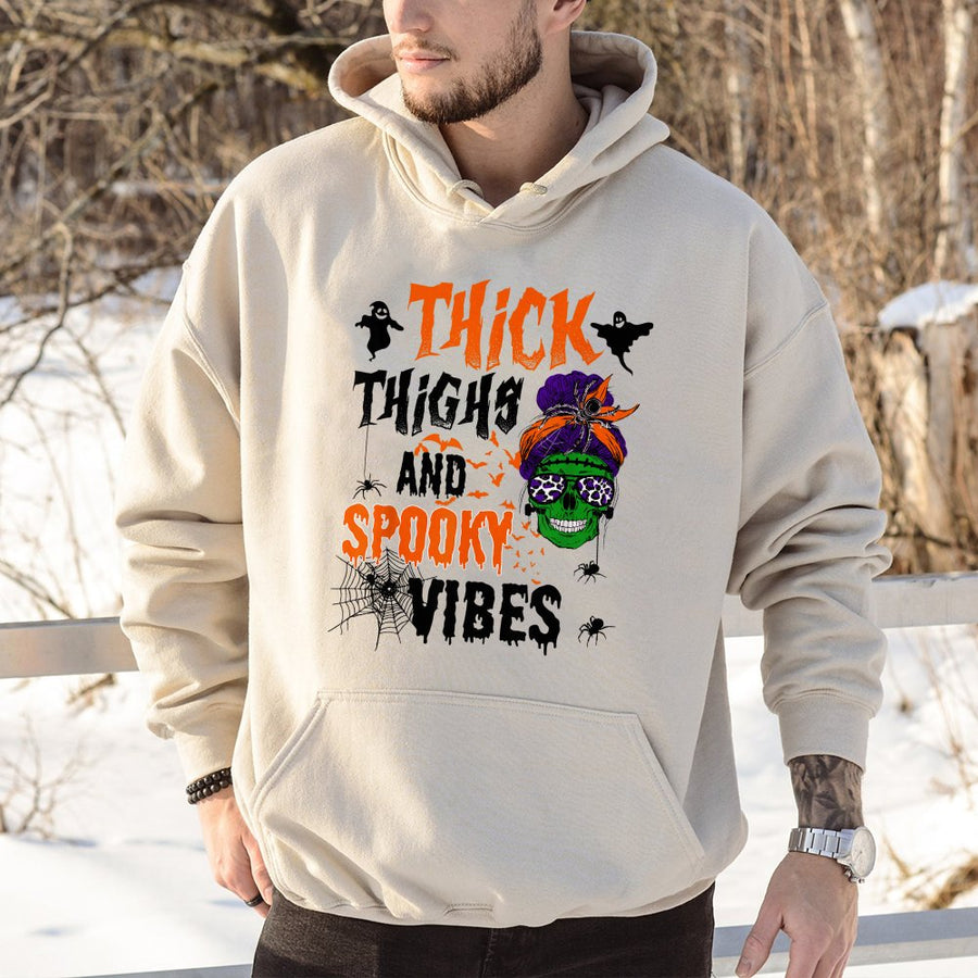 Thick Thighs And Spooky Vibes Hoodie | Funny Halloween Skull Graphic Design | Premium Cotton-Blend Comfort | Cute Gift For Women & Curvy Girls