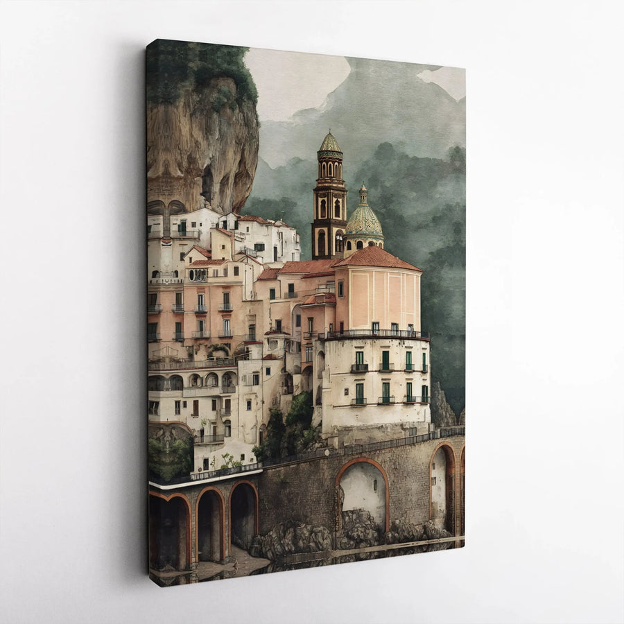 Amalfi Coast Canvas Wall Art | Watercolor Italian Village Scene | Premium Thick Gallery Wrap | Italy Travel Lover Gift & Home Decor