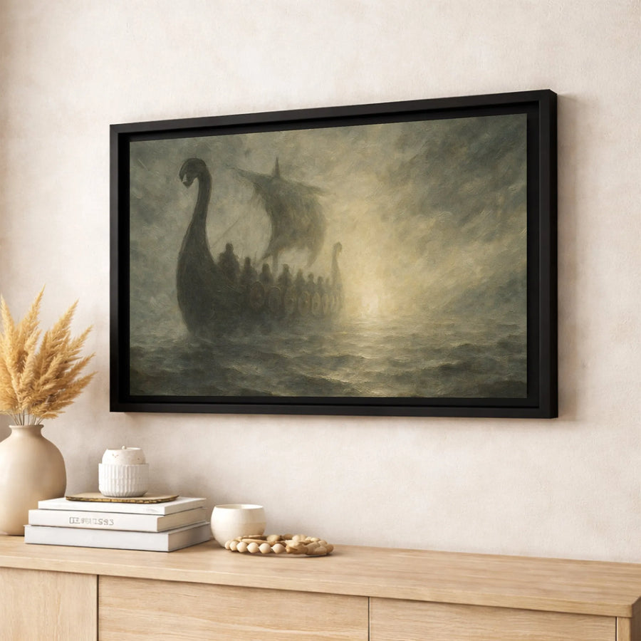 Viking Longship Canvas Print | Moody Misty Sea Historical Oil Painting Style | Gallery-Quality 1.25" Frame | Nautical Decor for History Lovers