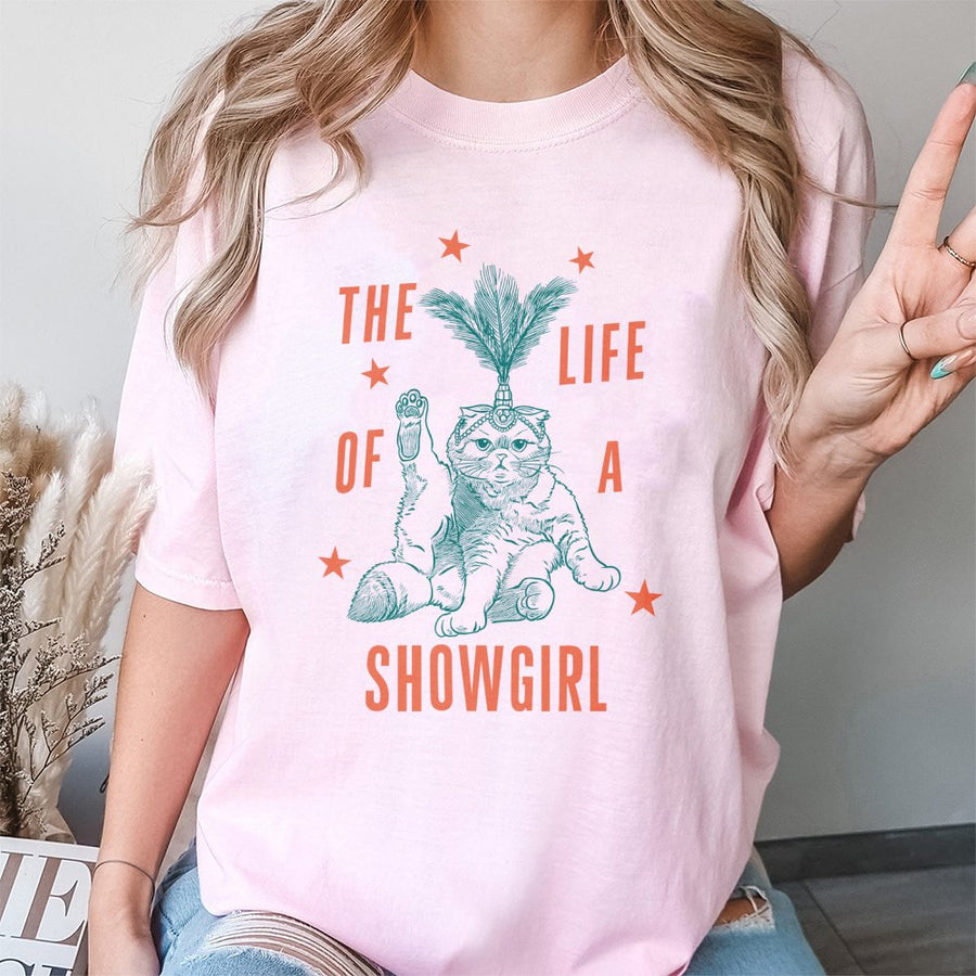 Showgirl Cat T-Shirt | Funny Feather Headdress Kitten Graphic | Premium Cotton Unisex Tee | Gift for Cat Lovers & Broadway Fans
